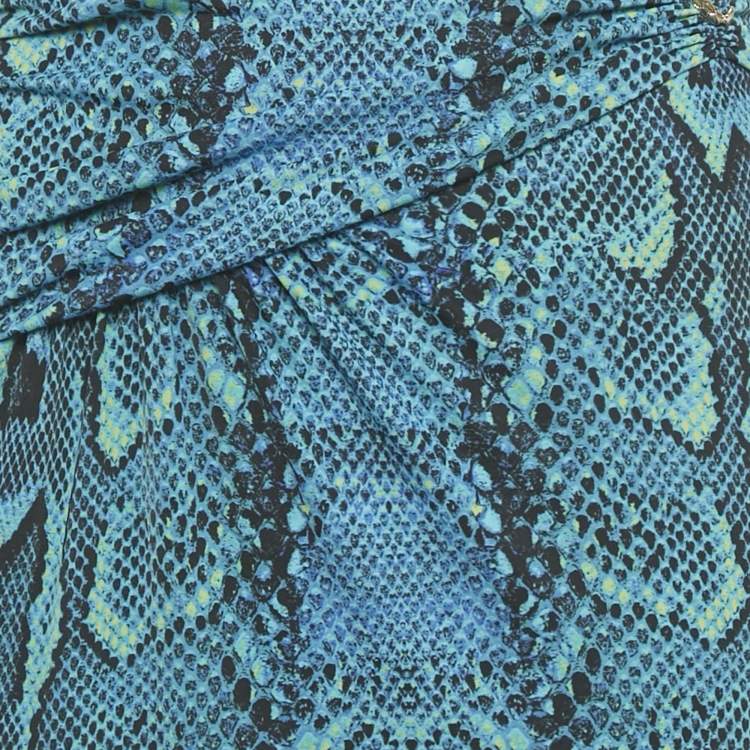Pre Owned Roberto Cavalli Blue Snake Print Jersey Gathered Waist Maxi Skirt M