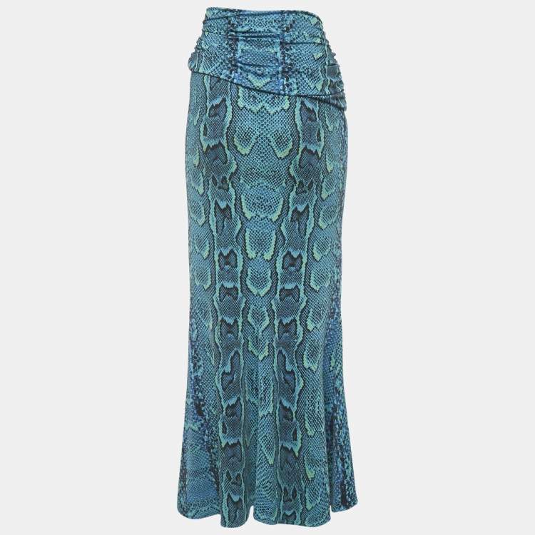 Pre Owned Roberto Cavalli Blue Snake Print Jersey Gathered Waist Maxi Skirt M