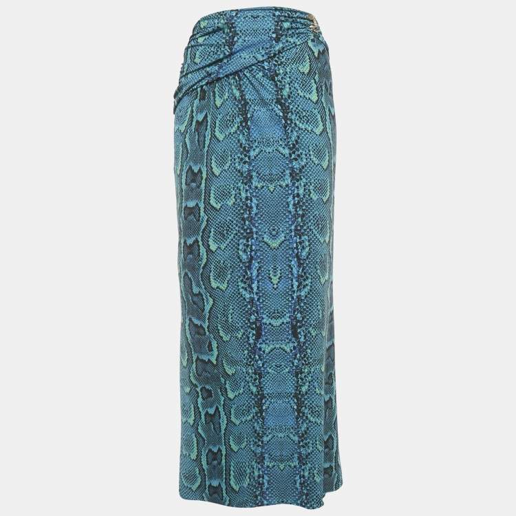 Pre Owned Roberto Cavalli Blue Snake Print Jersey Gathered Waist Maxi Skirt M