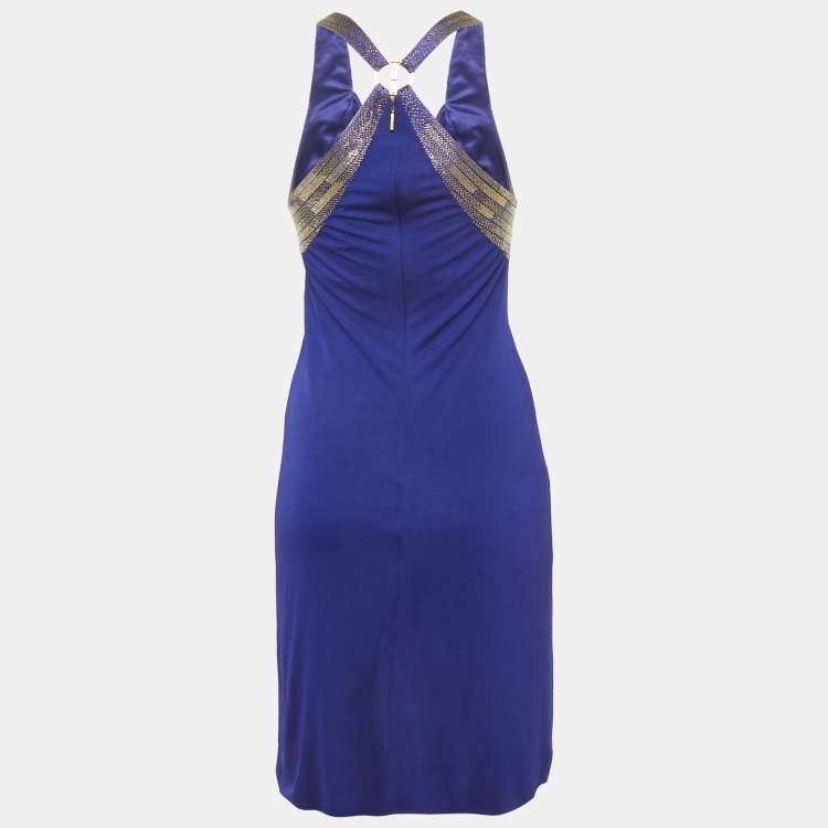 Pre Owned Roberto Cavalli Blue Beaded Jersey Short Dress S