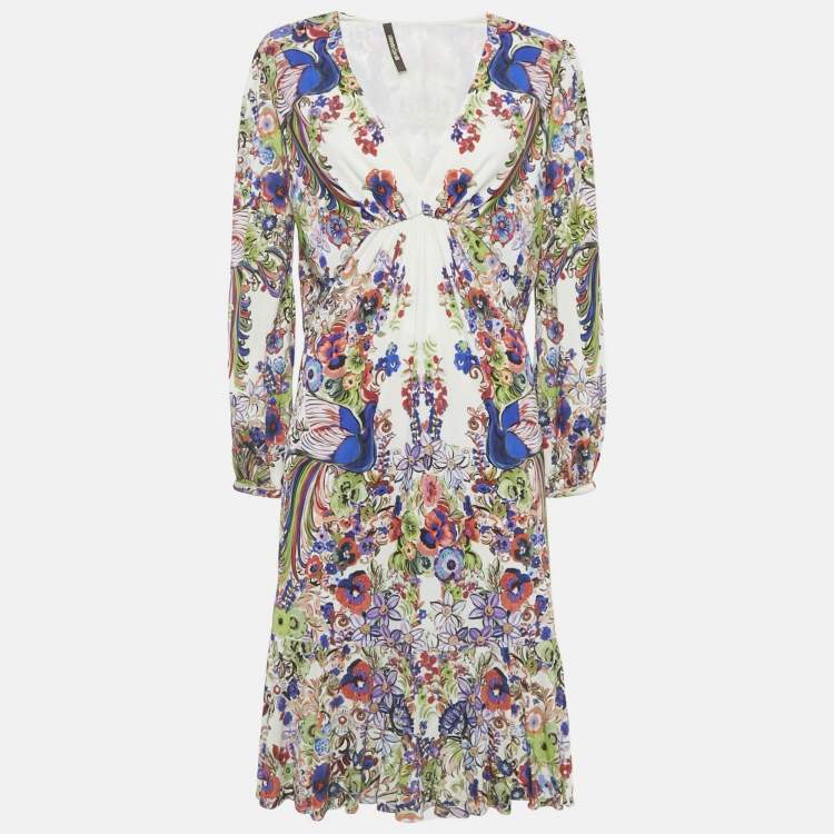 Pre Owned Roberto Cavalli Multicolor Floral Print Crepe Midi Dress M