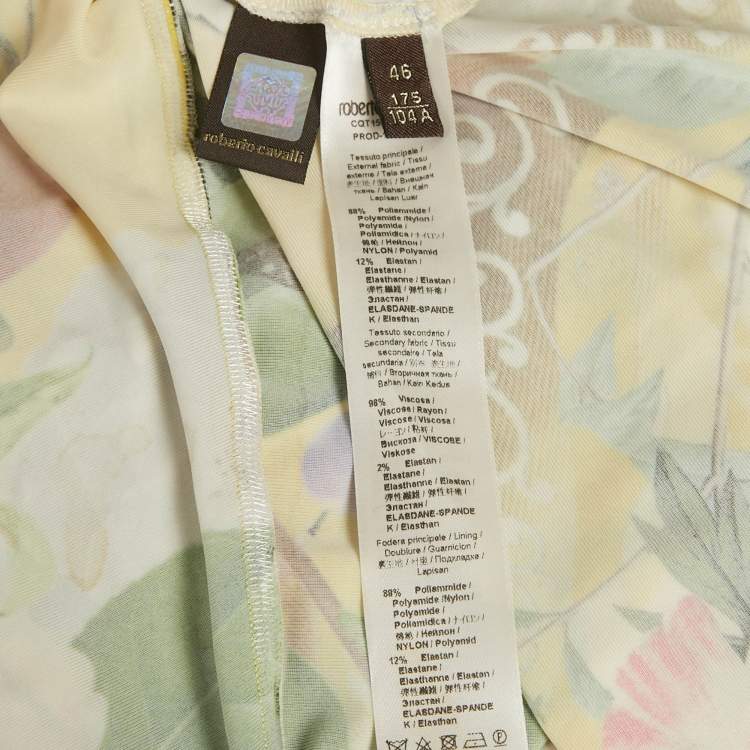 Pre Owned Roberto Cavalli Yellow Floral Print Jersey Ruched Detail Short Dress L