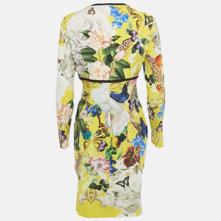 Pre Owned Roberto Cavalli Yellow Floral Print Jersey Ruched Detail Short Dress L