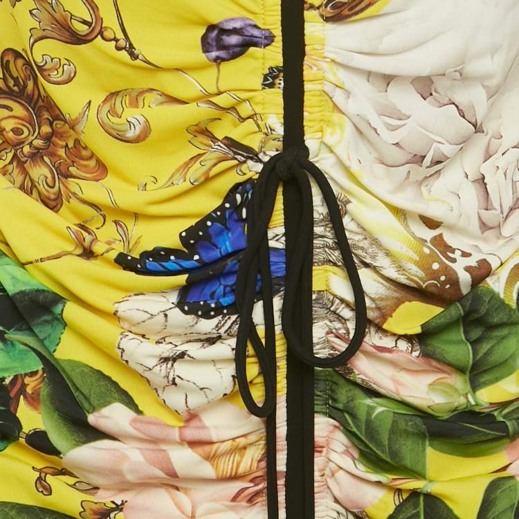 Pre Owned Roberto Cavalli Yellow Floral Print Jersey Ruched Detail Short Dress L