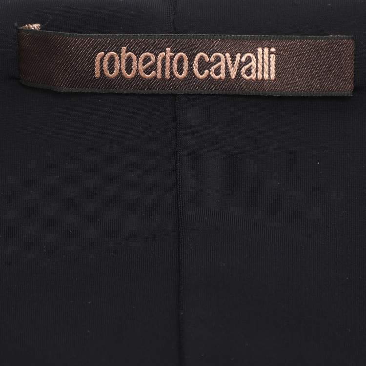 Pre Owned Roberto Cavalli Black Pearl Print Stretch Satin Long Sleeve Maxi Dress L