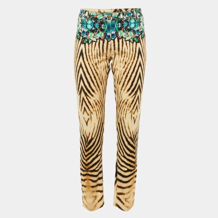 Pre Owned Roberto Cavalli Beige Crystal Animal Print Cotton Skinny Jeans M/Waist 32"