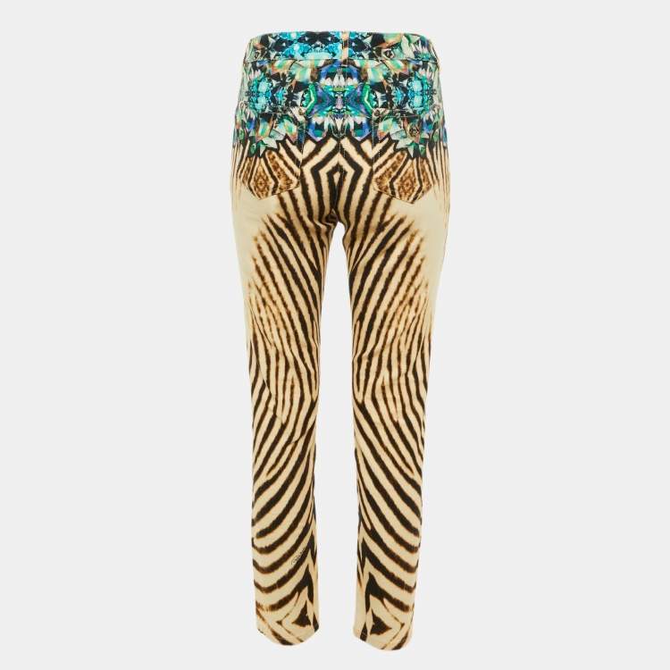 Pre Owned Roberto Cavalli Beige Crystal Animal Print Cotton Skinny Jeans M/Waist 32"