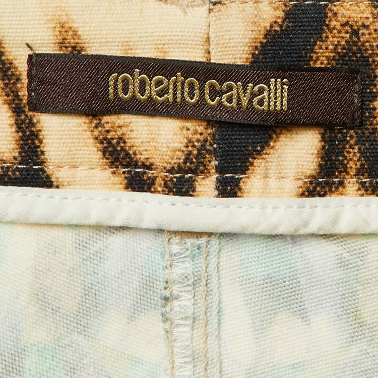 Pre Owned Roberto Cavalli Beige Crystal Animal Print Cotton Skinny Jeans M/Waist 32"