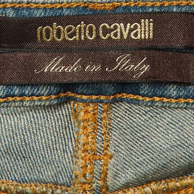 Pre Owned Roberto Cavalli Blue Denim Crystal Embellished Boot Cut Jeans M/Waist 31"