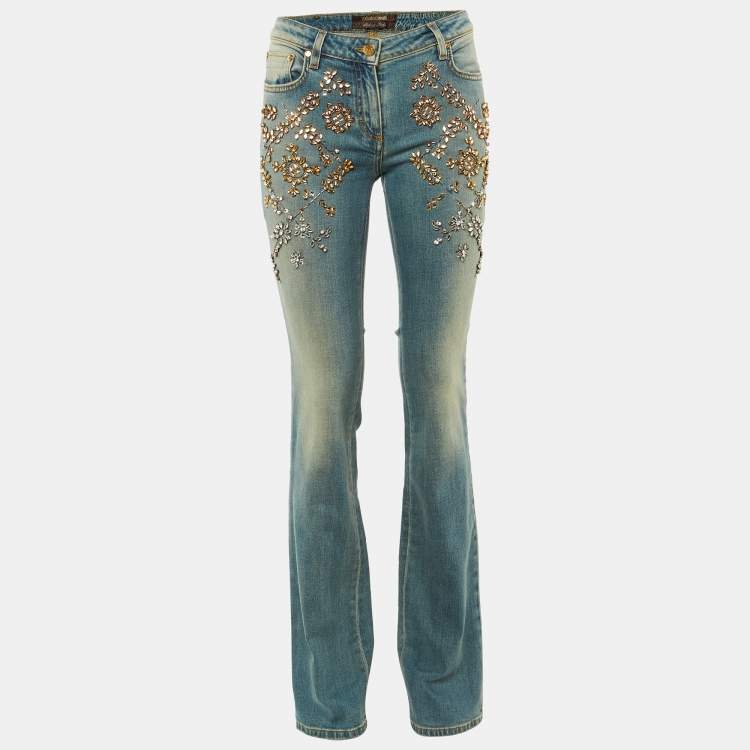 Pre Owned Roberto Cavalli Blue Denim Crystal Embellished Boot Cut Jeans M/Waist 31"