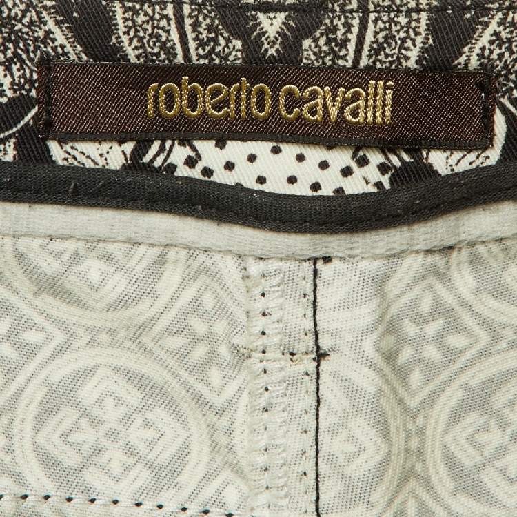 Pre Owned Roberto Cavalli Black Floral Print Denim Cropped Jeans L/Waist 34"