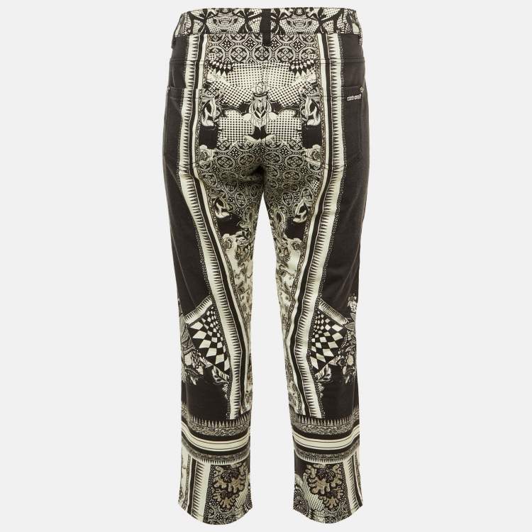 Pre Owned Roberto Cavalli Black Floral Print Denim Cropped Jeans L/Waist 34"
