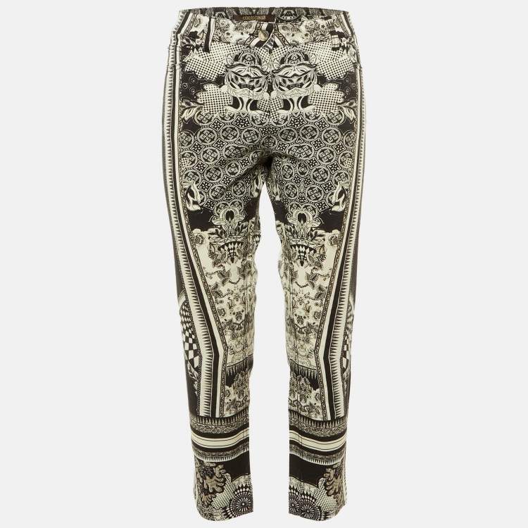 Pre Owned Roberto Cavalli Black Floral Print Denim Cropped Jeans L/Waist 34"