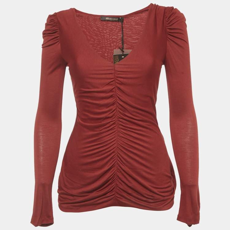 Pre Owned Roberto Cavalli Red Ruched Jersey Long Sleeve Top S 