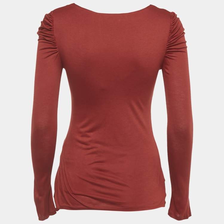 Pre Owned Roberto Cavalli Red Ruched Jersey Long Sleeve Top S 