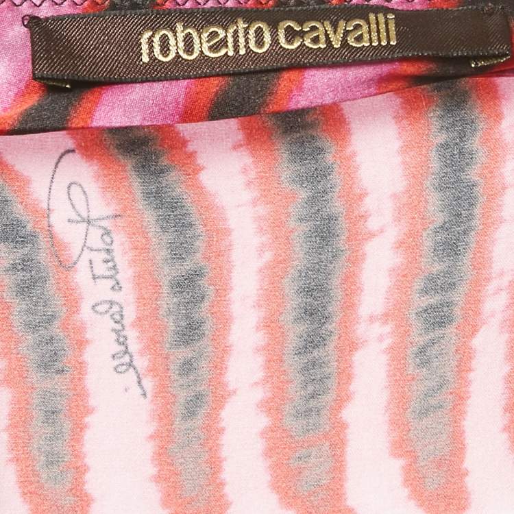 Pre Owned Roberto Cavalli Pink/Black Printed Silk Maxi Skirt M