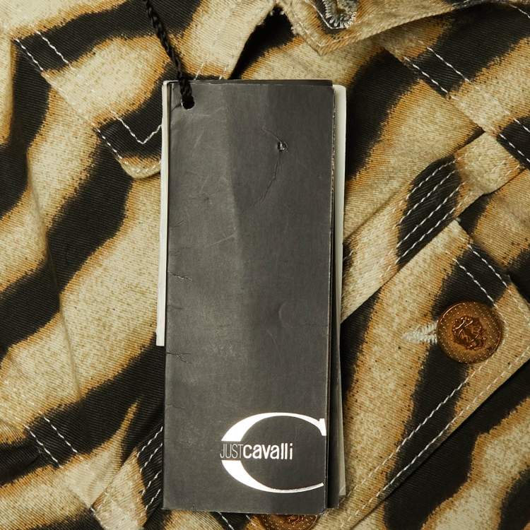 Pre Owned جاكيت روبرتو كافالي قطن مطاطي مطبوع برسومات الحيوانات بيج مقاس متوسط