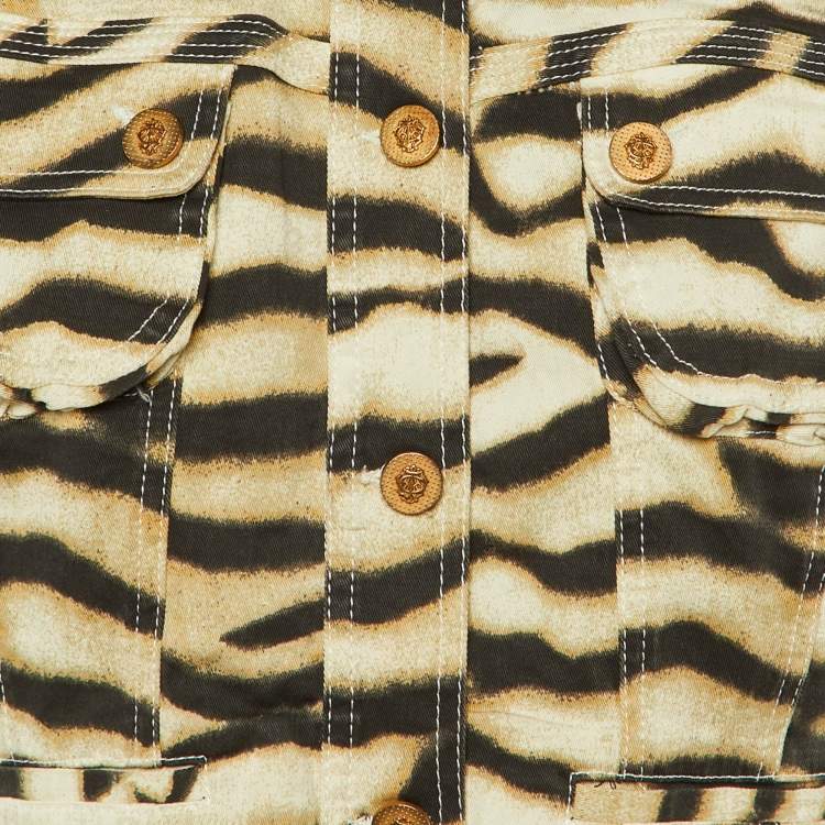 Pre Owned جاكيت روبرتو كافالي قطن مطاطي مطبوع برسومات الحيوانات بيج مقاس متوسط