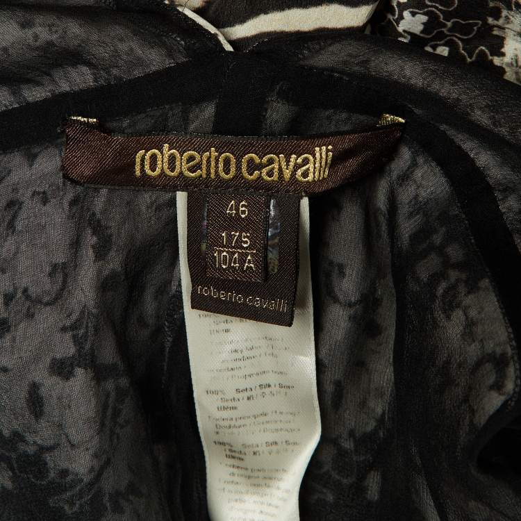 Pre Owned Roberto Cavalli Black/White Printed Silk Kaftan Maxi Dress L