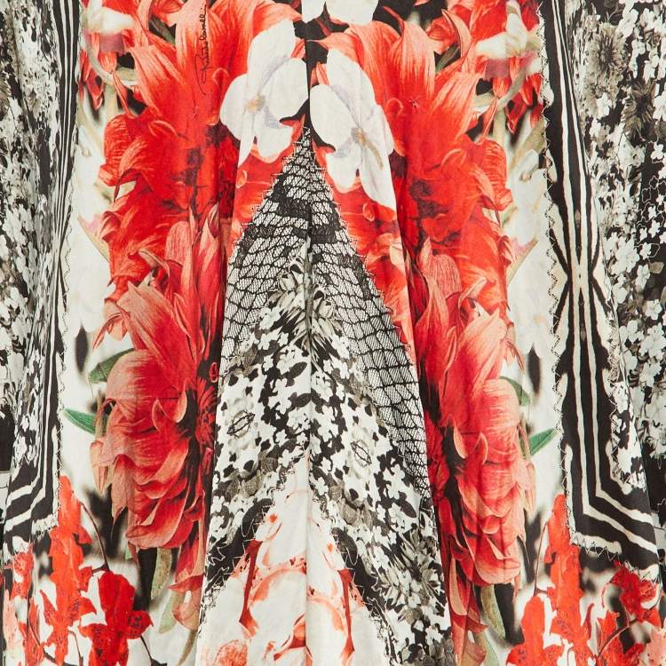 Pre Owned Roberto Cavalli Black/White Printed Silk Kaftan Maxi Dress L