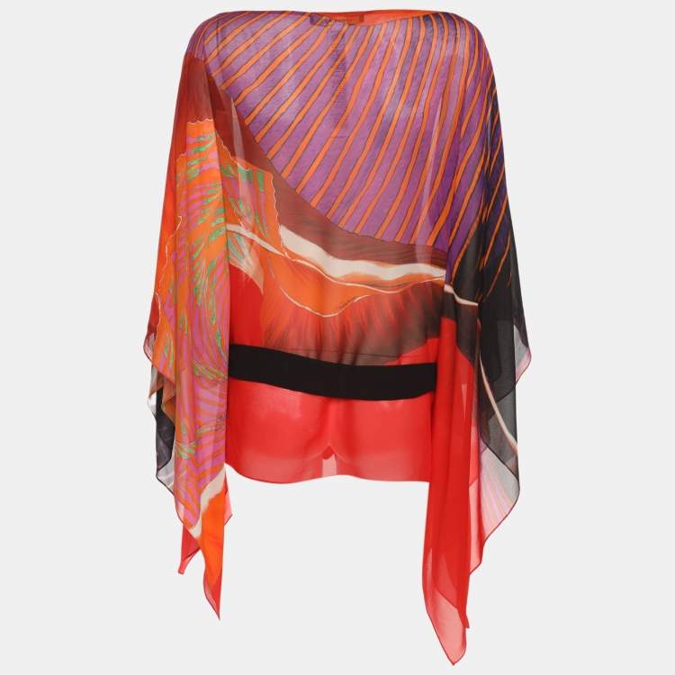 Pre Owned Roberto Cavalli Multicolor Printed Silk Chiffon Waist Tie Detail Kaftan Top S 