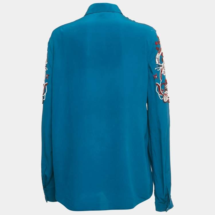 Pre Owned Roberto Cavalli Blue Sequin Embroidered Silk Shirt M