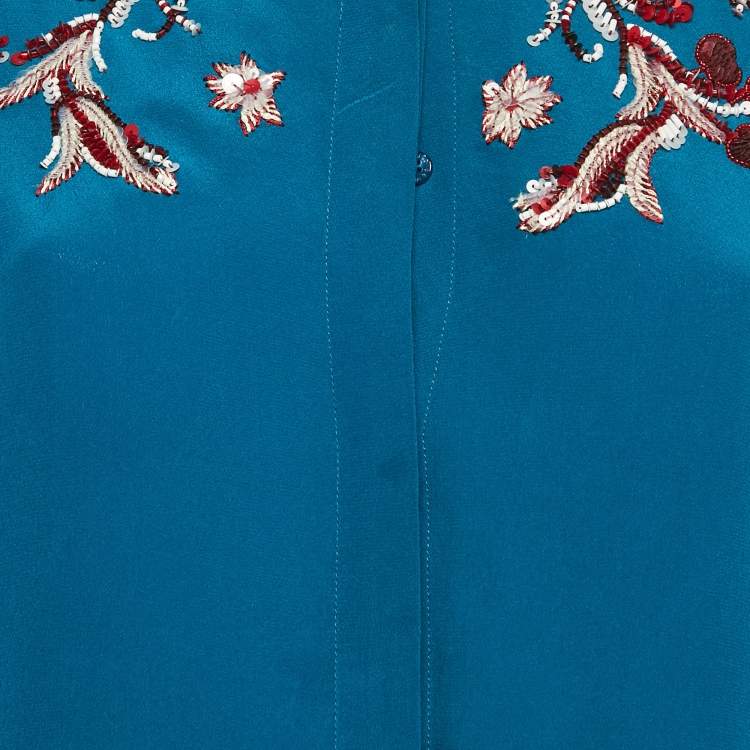 Pre Owned Roberto Cavalli Blue Sequin Embroidered Silk Shirt M