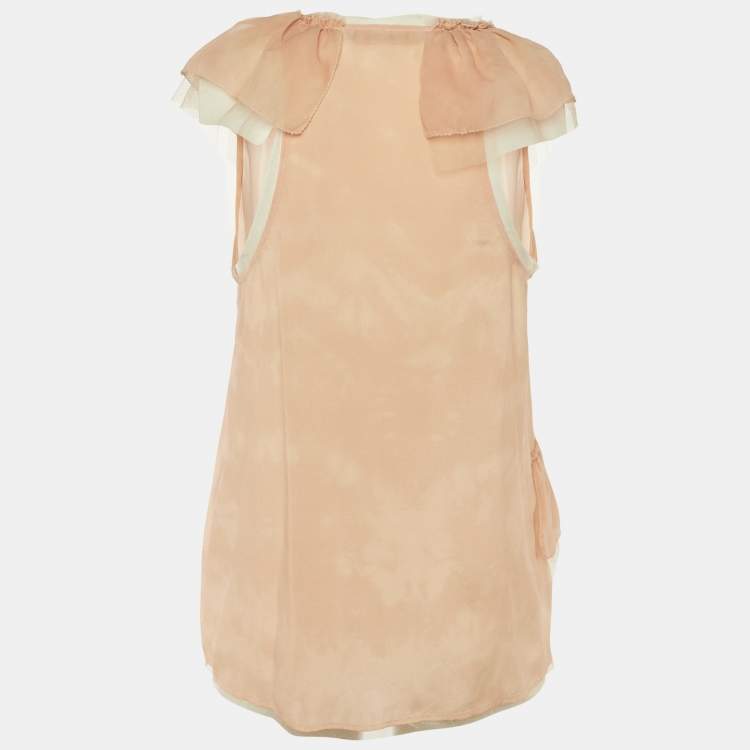 Pre Owned بلوزة روبرتو كافالي حرير بيج بربطات وصدر مكشكش مقاس صغير (سمول)