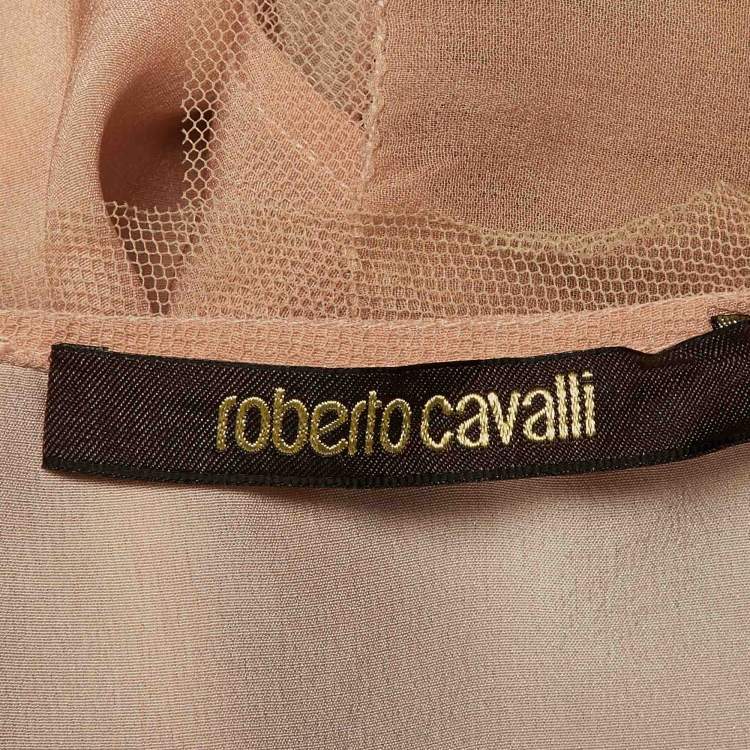 Pre Owned بلوزة روبرتو كافالي حرير بيج بربطات وصدر مكشكش مقاس صغير (سمول)