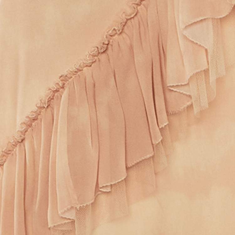 Pre Owned بلوزة روبرتو كافالي حرير بيج بربطات وصدر مكشكش مقاس صغير (سمول)