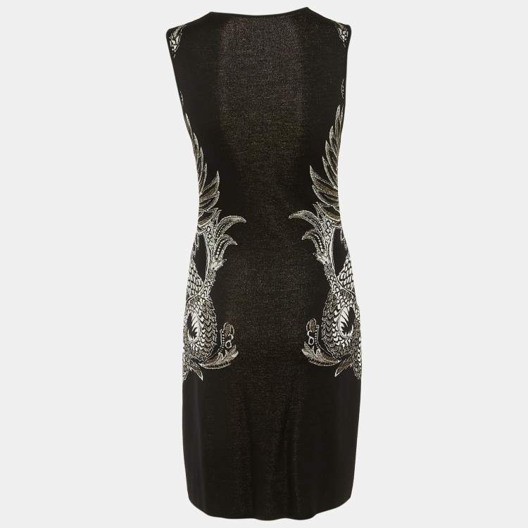 مملوكة مسبقًا Roberto Cavalli Black Eagle Patterned Lurex Knit Short Dress S  