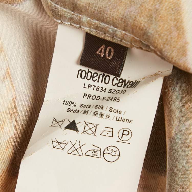 Pre Owned Roberto Cavalli Beige Printed Silk Cowl Neck Sleeveless Blouse S 