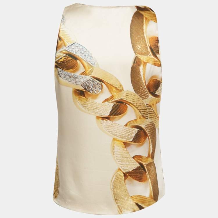 Pre Owned Roberto Cavalli Beige Printed Silk Cowl Neck Sleeveless Blouse S 