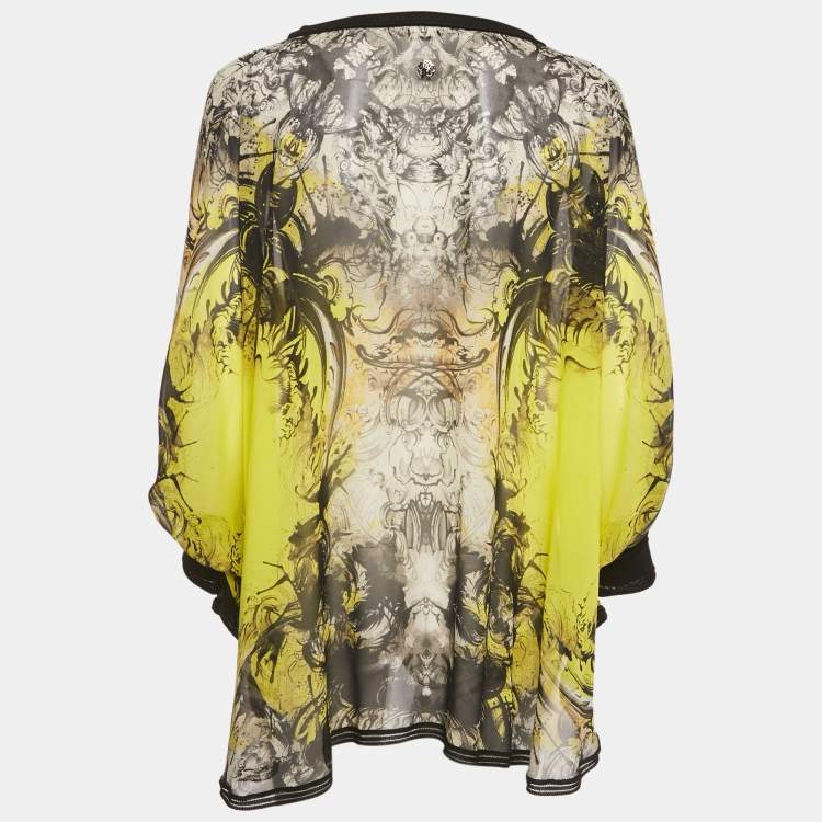 Pre Owned Roberto Cavalli Yellow /Black Printed Silk Tunic Top S 