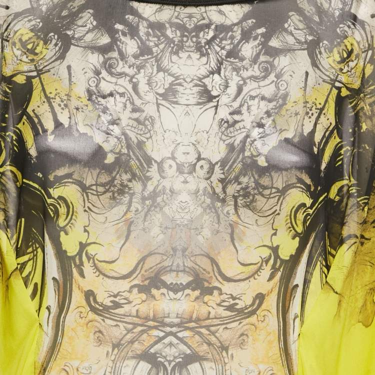 Pre Owned Roberto Cavalli Yellow /Black Printed Silk Tunic Top S 