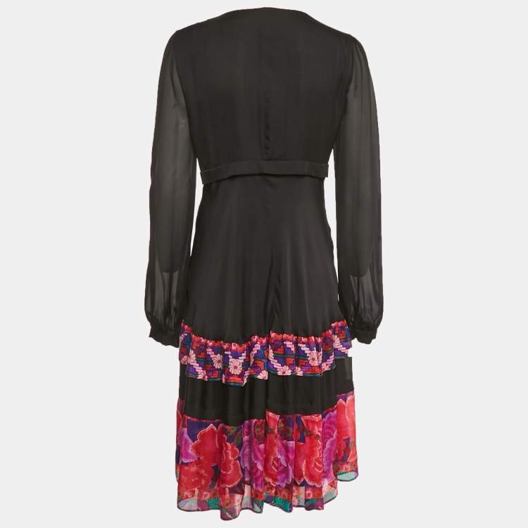 Pre Owned Roberto Cavalli Black Printed Silk Midi Dress  M
