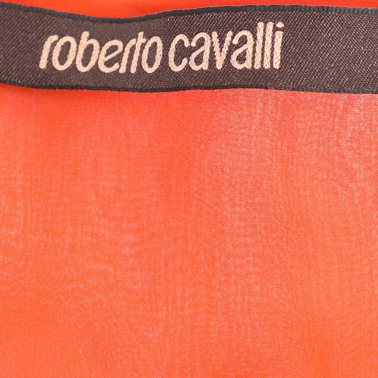 Pre Owned Roberto Cavalli Orange/Black Floral Print Chiffon Tops S