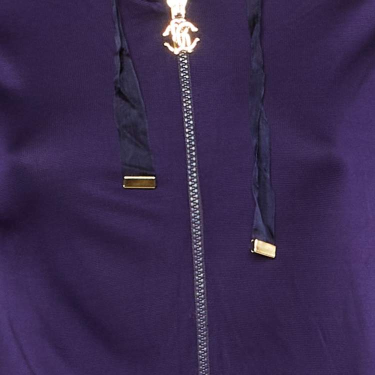 Pre Owned Roberto Cavalli Purple Crepe Side Embellished Trim Hooded Jacket L