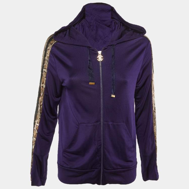 Pre Owned Roberto Cavalli Purple Crepe Side Embellished Trim Hooded Jacket L