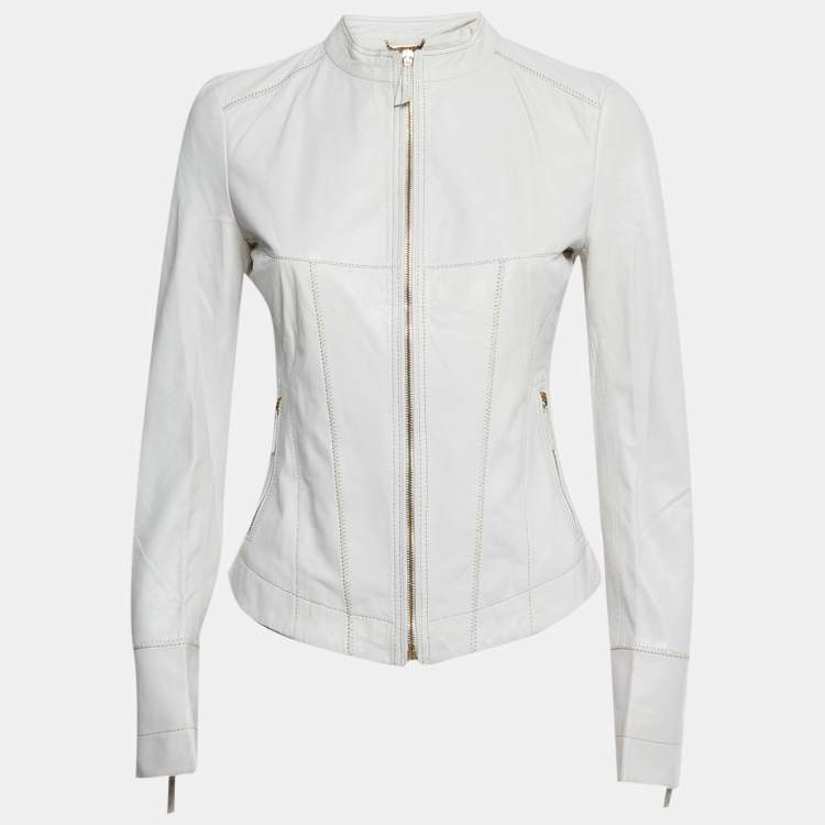 مملوكة مسبقًا Roberto Cavalli White Leather Zip-Up Jacket S