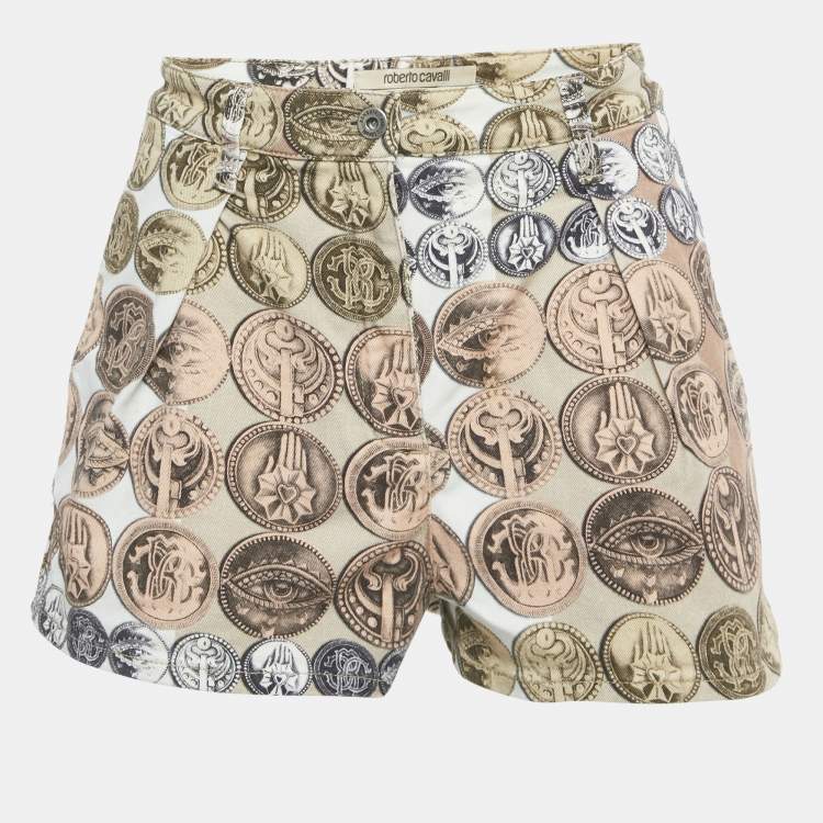 Pre Owned Roberto Cavalli Beige Printed Denim Shorts S/Waist 26"