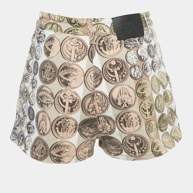 Pre Owned Roberto Cavalli Beige Printed Denim Shorts S/Waist 26"