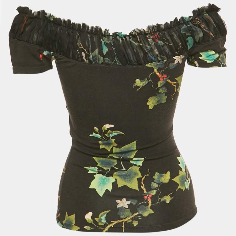 Pre Owned Roberto Cavalli Black Floral Print Jersey Off Shoulder Top S