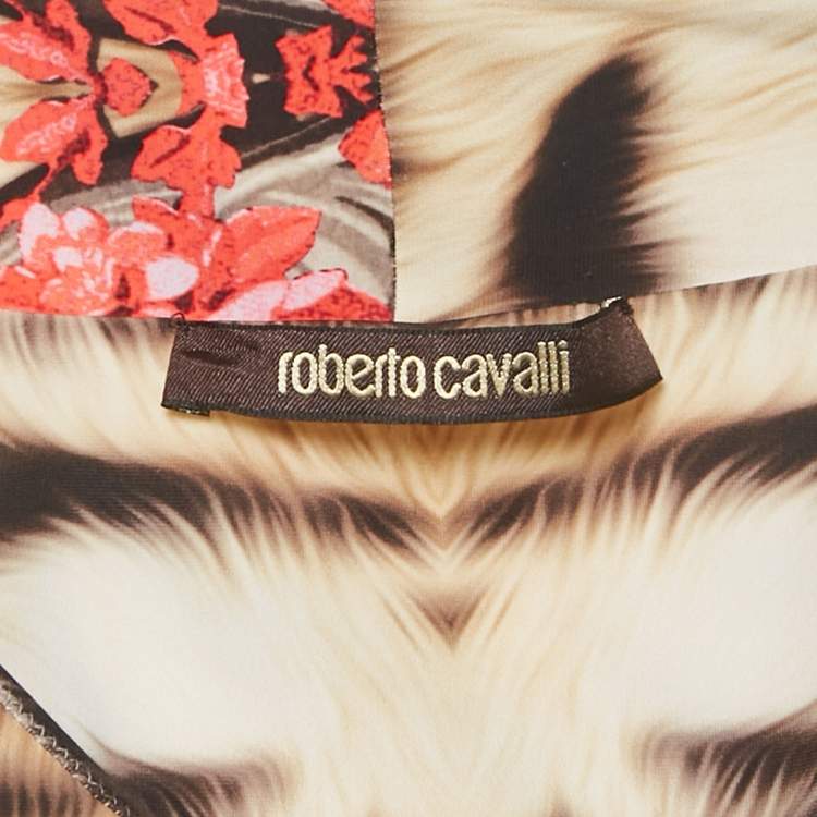 Pre Owned Roberto Cavalli Multicolor Printed Jersey Ruched Midi Dress L