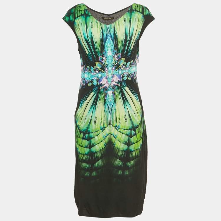 Pre Owned Roberto Cavalli Black Printed Jersey Midi Dress L