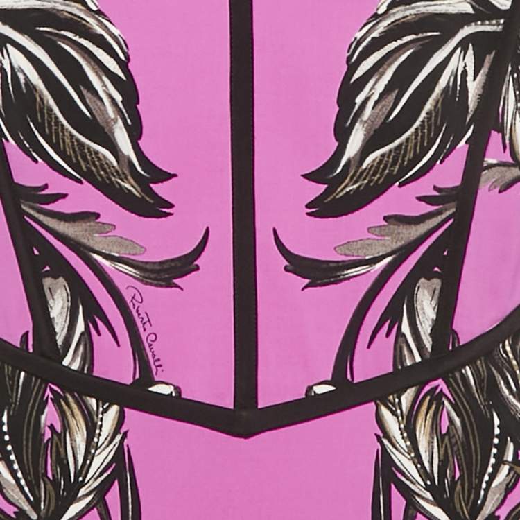 Pre Owned Roberto Cavalli Pink Leaf Printed Jersey Midi Dress L