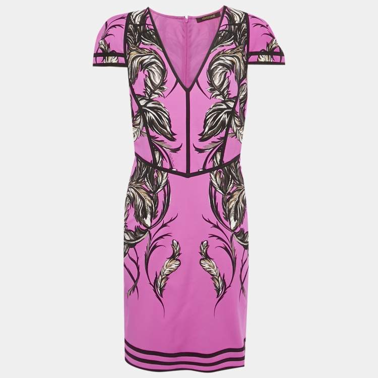 Pre Owned Roberto Cavalli Pink Leaf Printed Jersey Midi Dress L