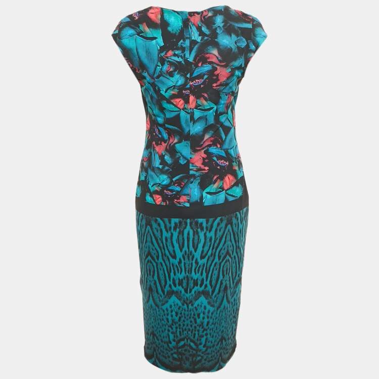 Pre Owned Roberto Cavalli Blue Printed Jersey Midi Dress L