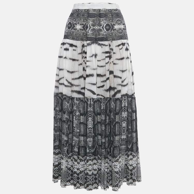 Pre Owned Roberto Cavalli Grey Printed Silk Maxi Skirt L