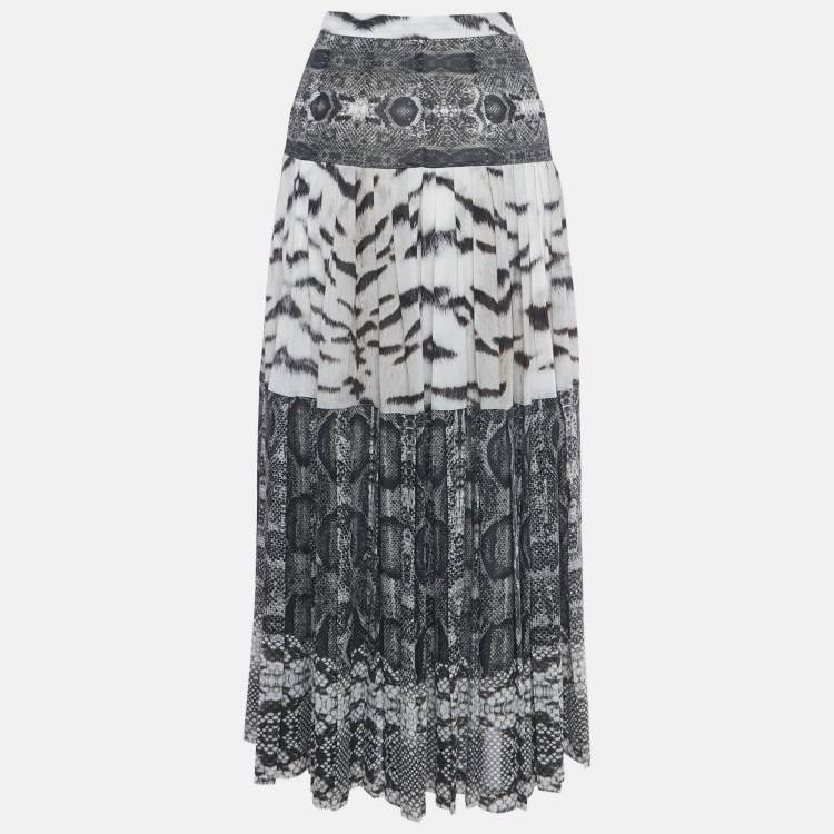 Pre Owned Roberto Cavalli Grey Printed Silk Maxi Skirt L